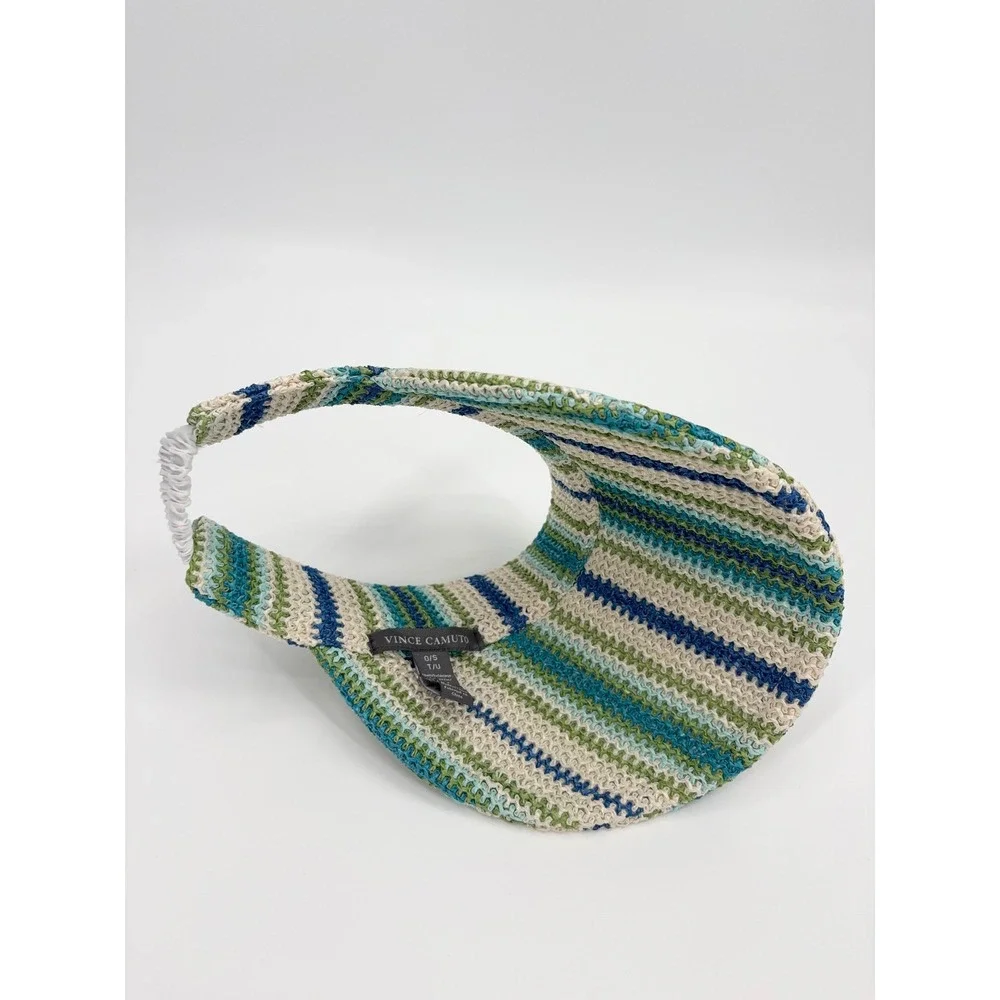 B7 Vince Camuto Stripe Woven Visor O/S Blue Green Striped Straw Beach Summer
